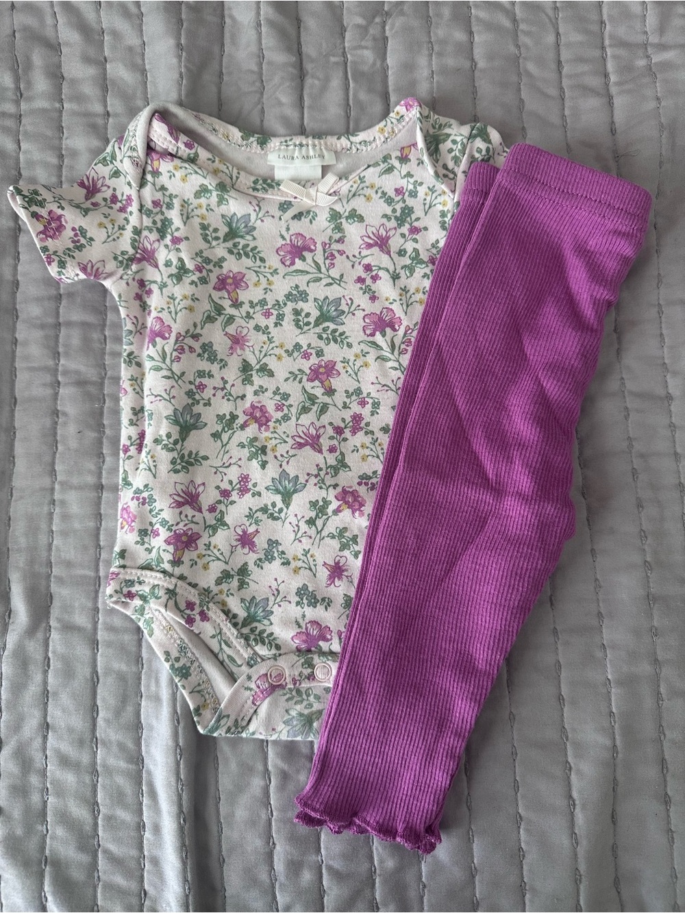 Laura Ashley Pink Floral Onesie with Purple Ribbed Leggings